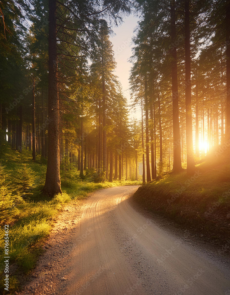 Fototapeta premium Golden sunlight bathes a winding forest road