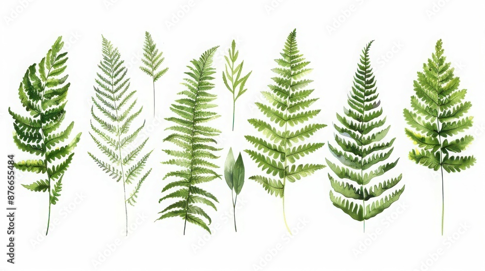 A collection of watercolor fern leaves, showcasing various shades of green. Perfect for nature, botany, and garden-related designs. A collection of watercolor fern leaves, showcasing various shades of green. Perfect for nature, botany, and garden-related designs.