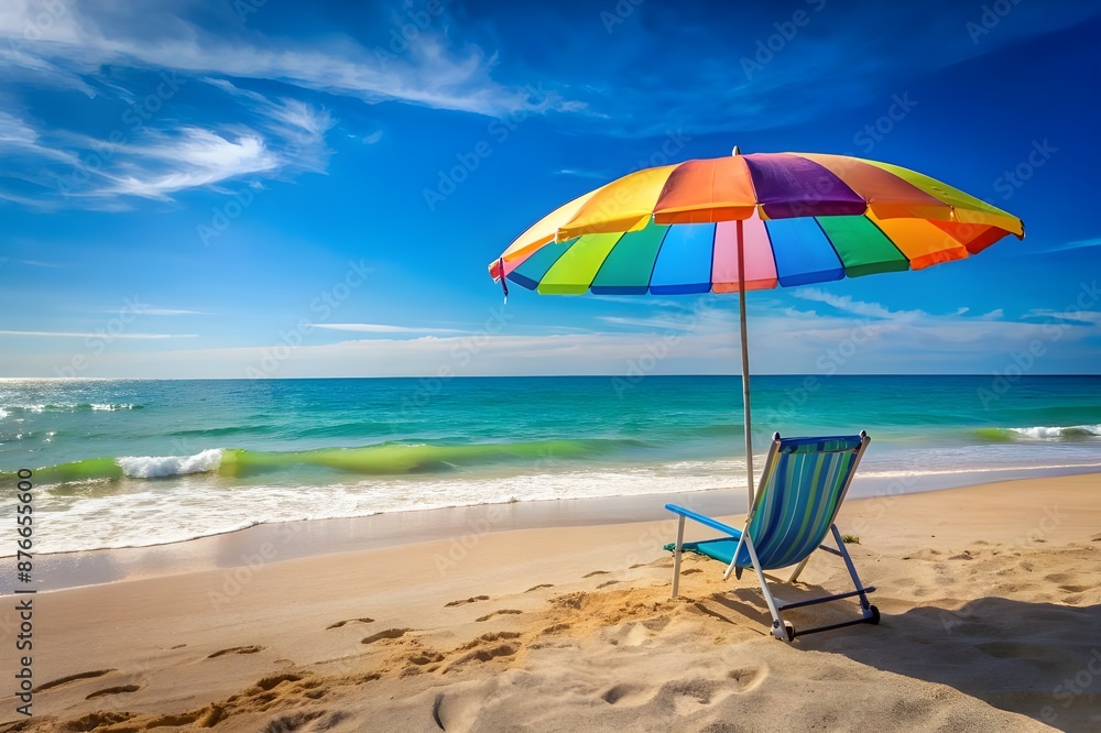 Colorful umbrella and striped chair on a tranquil sandy beach Colorful umbrella and striped chair on a tranquil sandy beach
