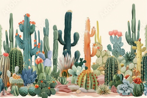A vivid illustration of diverse cactus plants in a desert landscape, showcasing various shapes, sizes, and colorful blooms against a pale background.