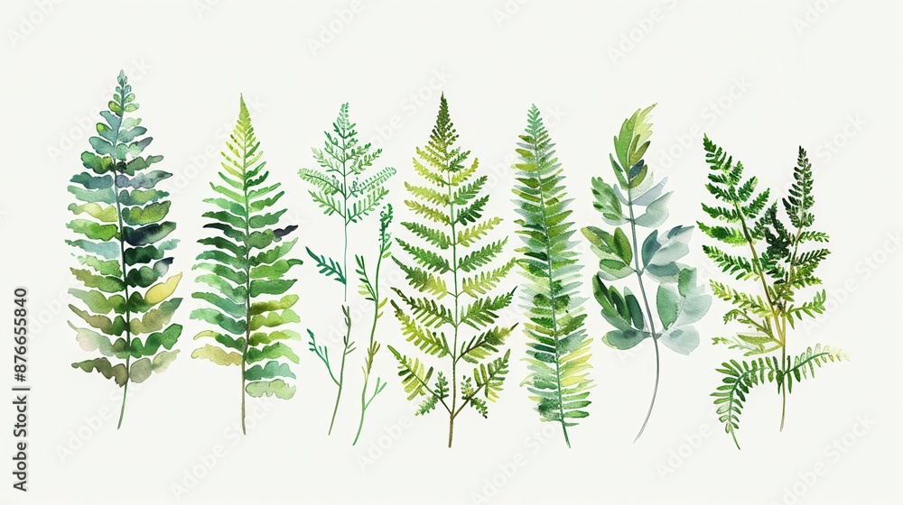 Fototapeta premium Beautiful watercolor various fern leaves. Hand-painted botanical art perfect nature-themed projects decor.