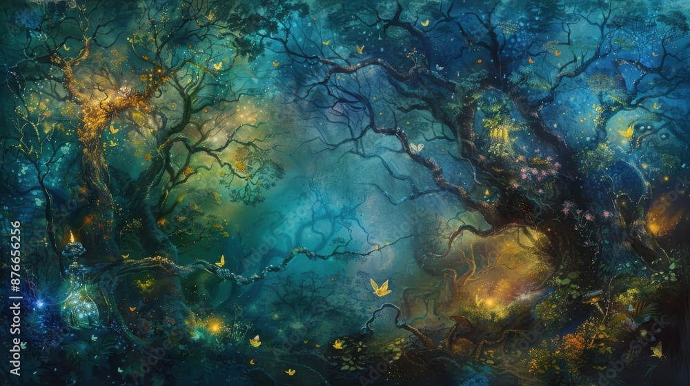 Obraz premium Enchanting fantasy forest with glowing lights and mysterious aura, depicting an otherworldly landscape filled with whimsy and wonder.