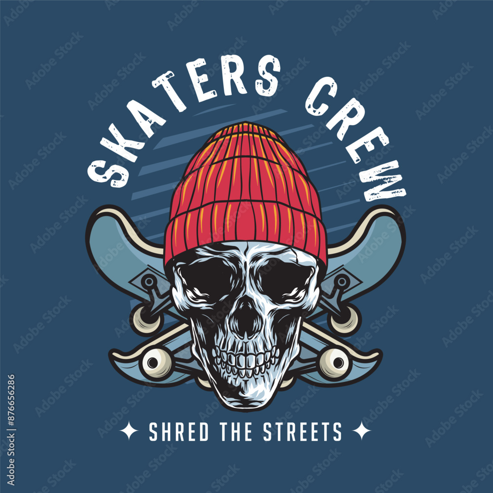 Vector Illustration of Skull Wearing Hat and Skateboard with Vintage Illustration Available for Tshirt Design Vector Illustration of Skull Wearing Hat and Skateboard with Vintage Illustration Available for Tshirt Design