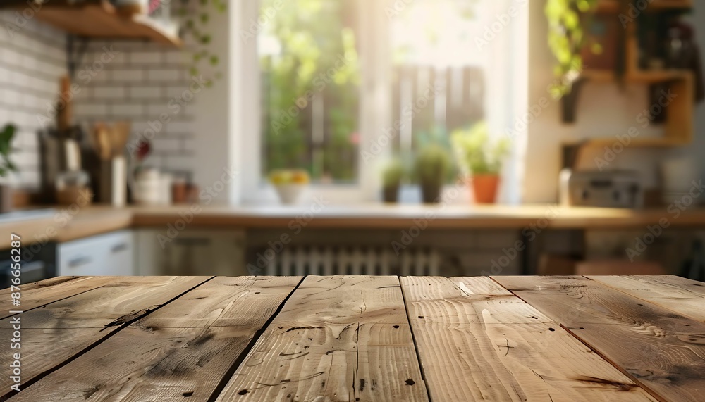 Wooden table on blurred kitchen bench background Wooden table on blurred kitchen bench background