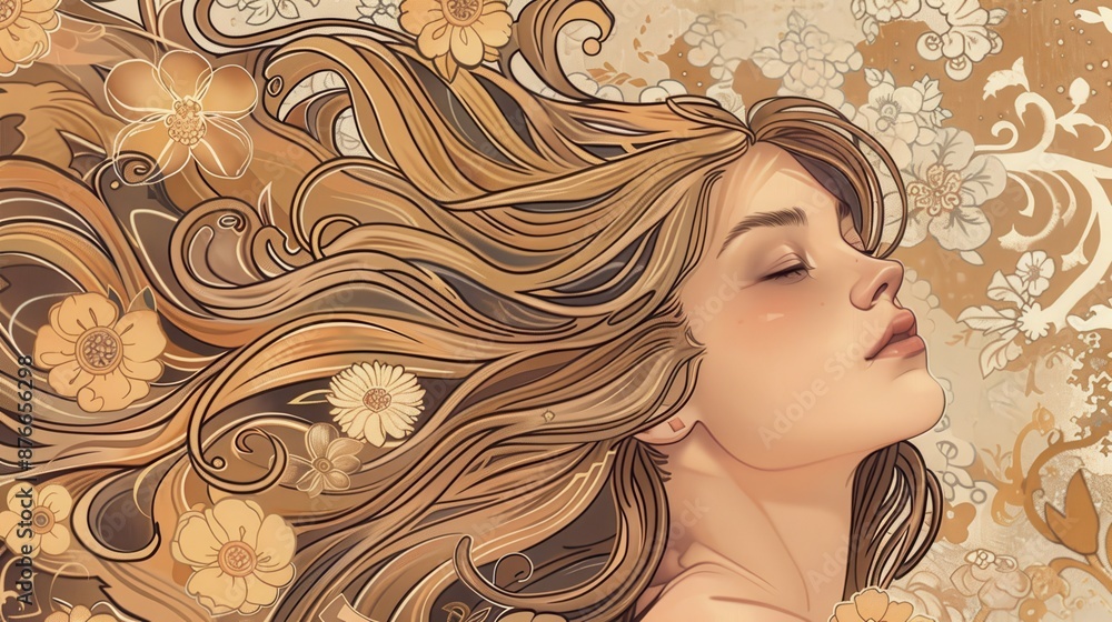 Graceful woman flowing hair adorned flowers, embodying serene beauty elegance vintage style. Graceful woman flowing hair adorned flowers, embodying serene beauty elegance vintage style.