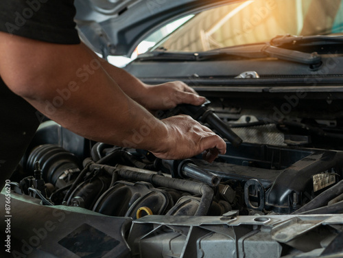 Mechanic car service auto garage in automotive mobile center. Technician workshop repair engine motor vehicles service mechanical engineering business. Automobile mechanic hands car repairs technic © aFotostock