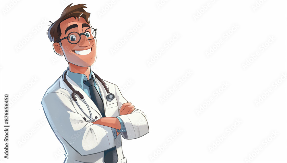 Animated male doctor with glasses and a stethoscope, smiling confidently in a white coat Animated male doctor with glasses and a stethoscope, smiling confidently in a white coat