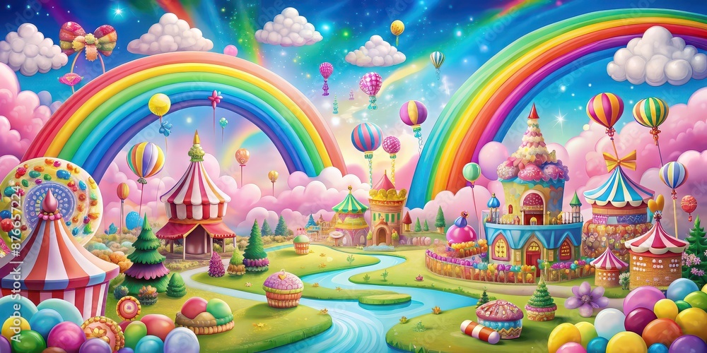 Obraz premium Colorful amusement park with candies, clouds, rainbows, fairies, and candy, amusement park, colorful, candies, clouds, rainbows