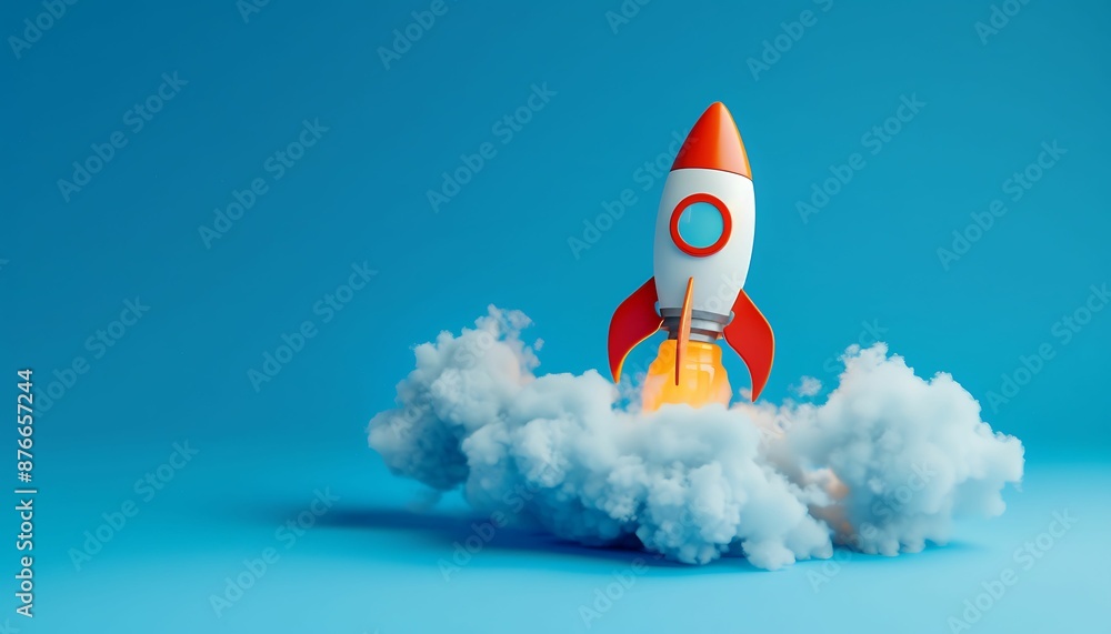 3d Toy rocket takes spewing smoke on a blue background 3d Toy rocket takes spewing smoke on a blue background