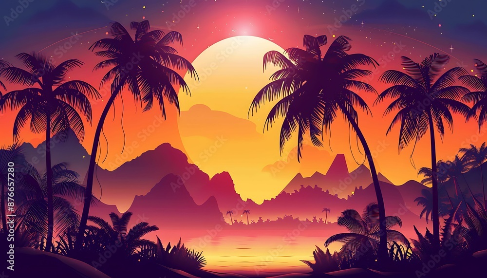 A 80s retro futuristic sci-fi illustration featuring nostalgic 90s neon colors at night, with a sunset, mountains, and palms, creating a cyberpunk vintage game landscape. A 80s retro futuristic sci-fi illustration featuring nostalgic 90s neon colors at night, with a sunset, mountains, and palms, creating a cyberpunk vintage game landscape.