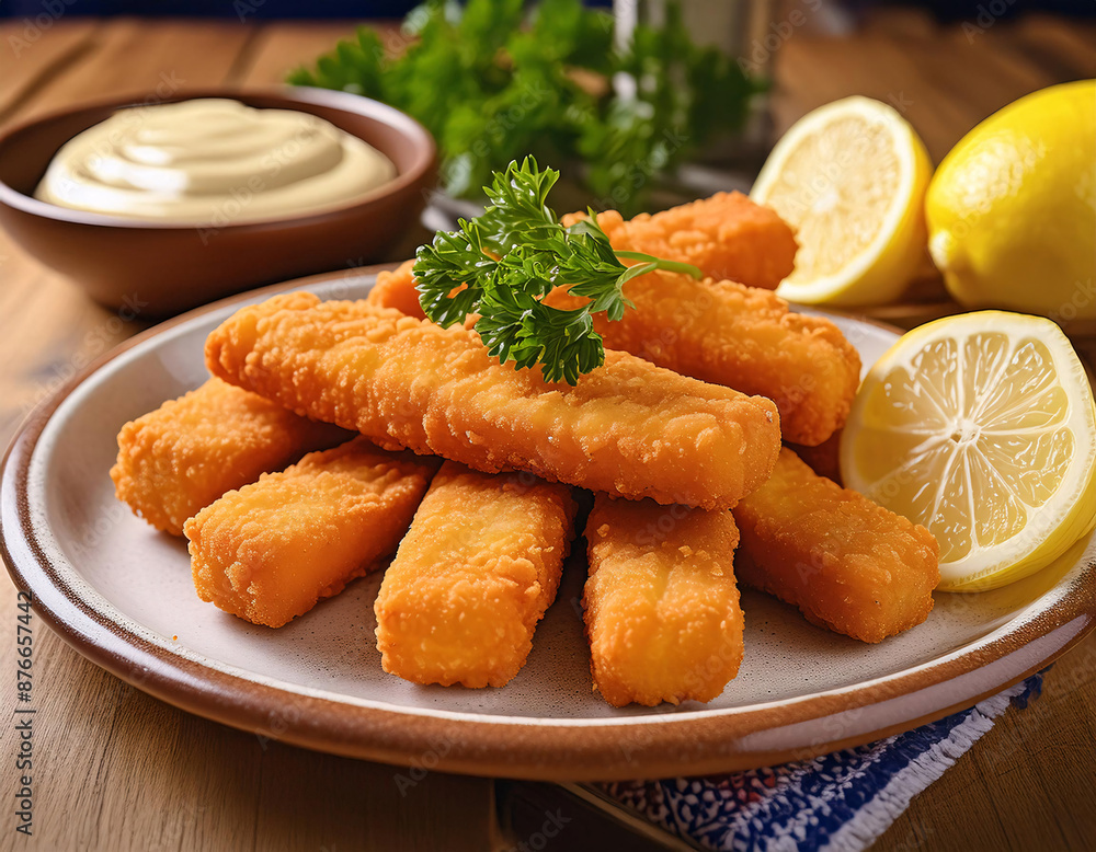 Crispy fish sticks, tartar sauce, and lemon wedges on a plate Crispy fish sticks, tartar sauce, and lemon wedges on a plate