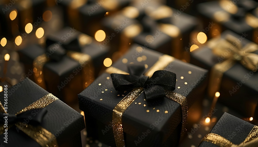 black boxes decorated with shiny gold bows, creating a uniform and elegant display. The boxes are neatly stacked, showing a luxurious contrast between the dark boxes and the bright gold bows. black boxes decorated with shiny gold bows, creating a uniform and elegant display. The boxes are neatly stacked, showing a luxurious contrast between the dark boxes and the bright gold bows.