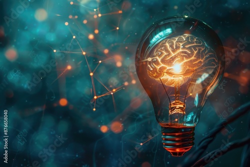 Abstract image of a brain inside a lightbulb, symbolizing innovation and intellectual creativity, against a glowing and dynamic background. photo