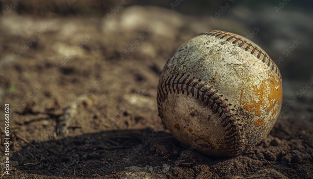 Close-up of an old, weathered baseball lying on the ground with dirt and grass Close-up of an old, weathered baseball lying on the ground with dirt and grass