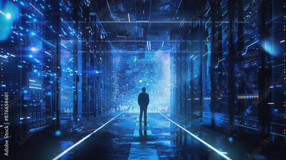 Silhouette of a person standing in a futuristic data center surrounded by glowing blue lights and holographic data projections.