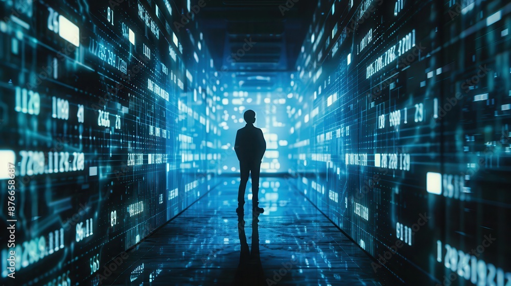 Silhouette of a person standing in a futuristic data center surrounded by digital information and glowing data streams. Silhouette of a person standing in a futuristic data center surrounded by digital information and glowing data streams.
