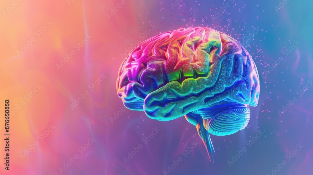 Obraz premium Vivid, colorful illustration of a human brain against a gradient background, highlighting creativity, intelligence, and mental health.