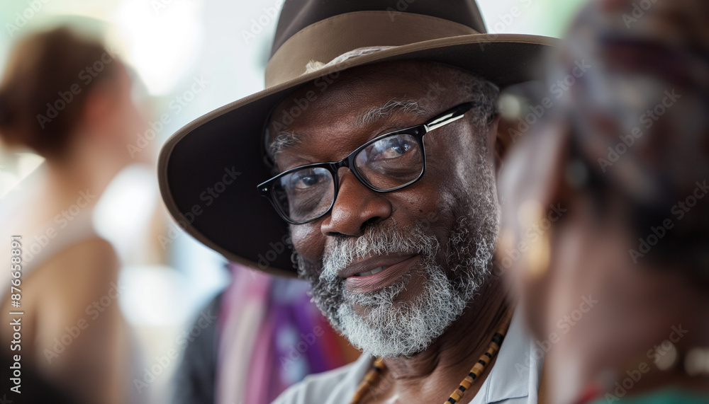 Elderly man with glasses and hat smiling at a social event, enjoying the company of friends Elderly man with glasses and hat smiling at a social event, enjoying the company of friends
