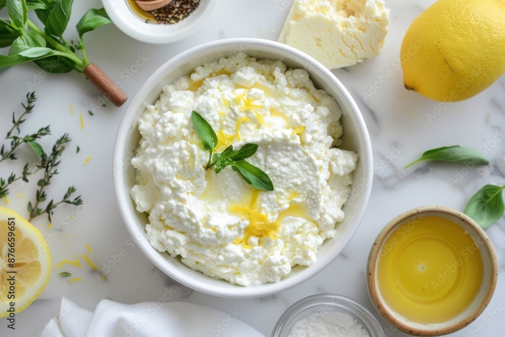 A fresh bowl of ricotta cheese garnished with herbs, surrounded by ingredients like lemon, olive oil, and spices. Perfect for culinary use. A fresh bowl of ricotta cheese garnished with herbs, surrounded by ingredients like lemon, olive oil, and spices. Perfect for culinary use.
