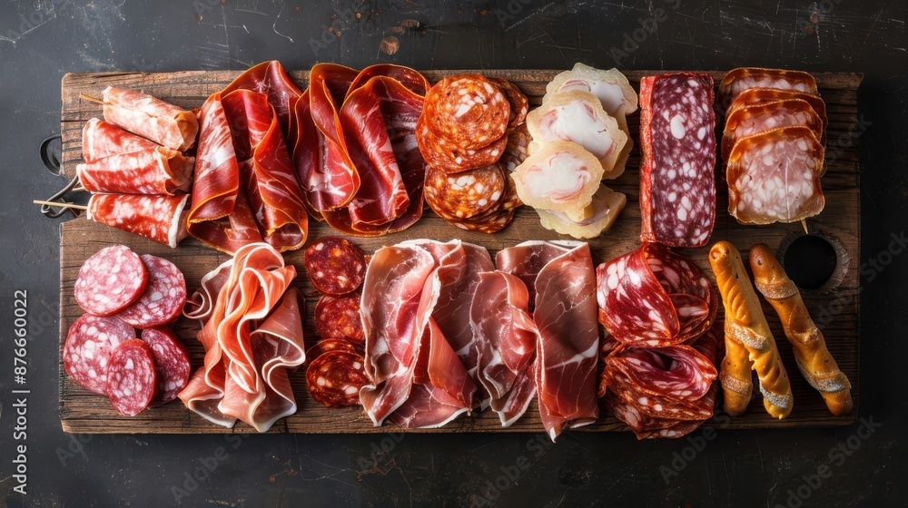 An assortment of cured meats and sausages arranged on a wooden board, perfect for a charcuterie presentation against a dark background. An assortment of cured meats and sausages arranged on a wooden board, perfect for a charcuterie presentation against a dark background.