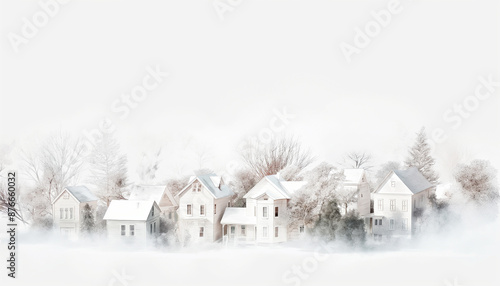 A serene illustration of a village covered in snow, capturing the essence of winter