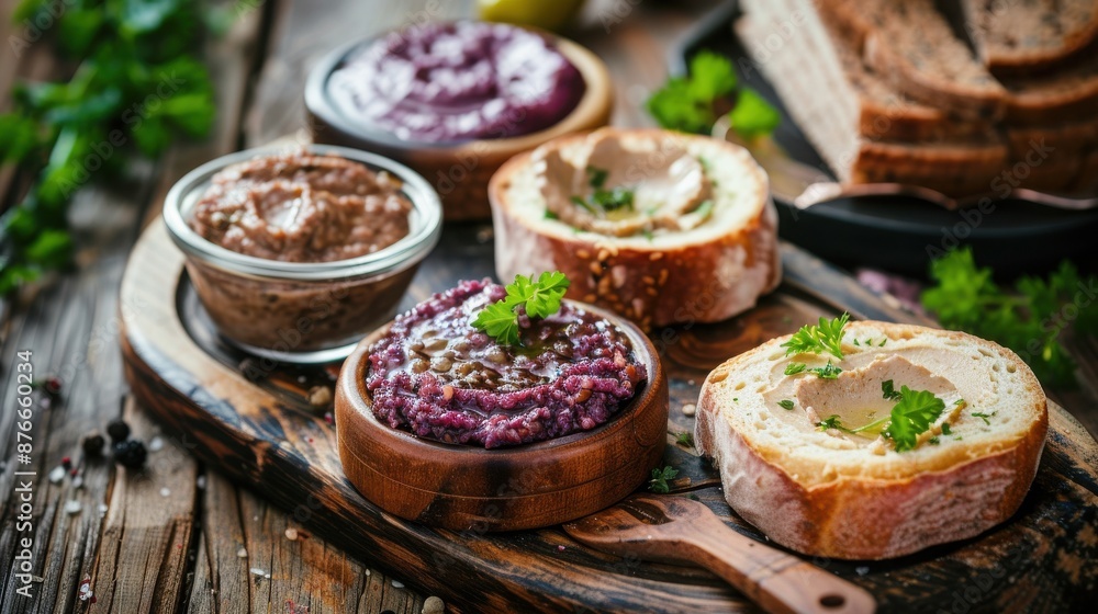 Assorted spreads on rustic wood board with sliced bread and fresh herbs, creating a vibrant and appetizing food display. Assorted spreads on rustic wood board with sliced bread and fresh herbs, creating a vibrant and appetizing food display.