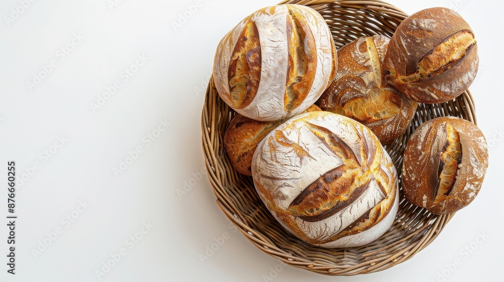 Basket of freshly baked artisanal bread with golden crusts placed on a white background, showcasing rustic loaves in a wicker basket. Basket of freshly baked artisanal bread with golden crusts placed on a white background, showcasing rustic loaves in a wicker basket.