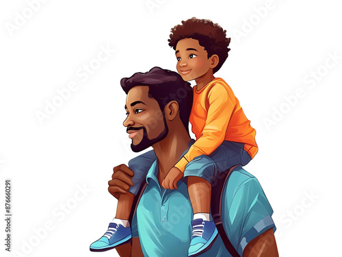 Young african american father carrying young son on his shoulders