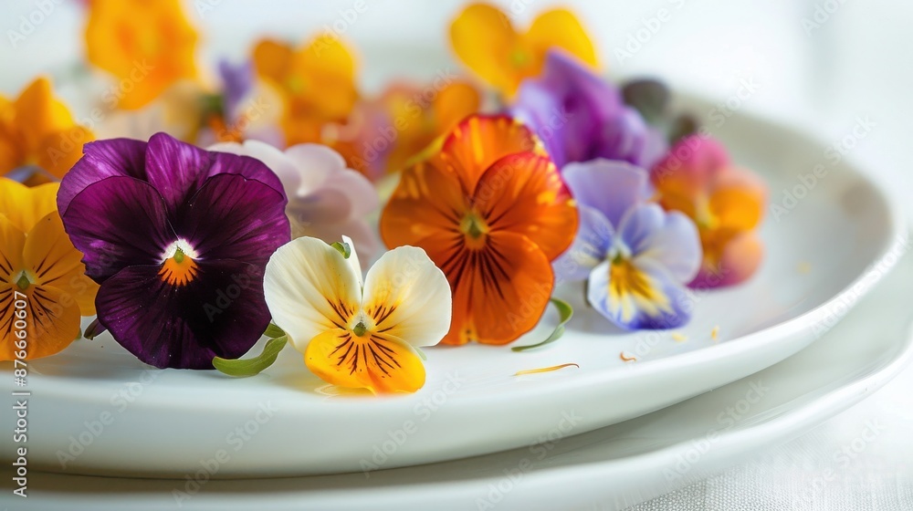 Colorful pansies arranged on a white plate, showcasing vibrant purple, orange, and yellow flowers in a serene, soft-focus setting. Colorful pansies arranged on a white plate, showcasing vibrant purple, orange, and yellow flowers in a serene, soft-focus setting.