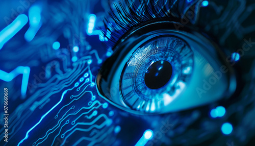 A close-up of a human eye with digital circuitry, representing the integration of technology and human vision