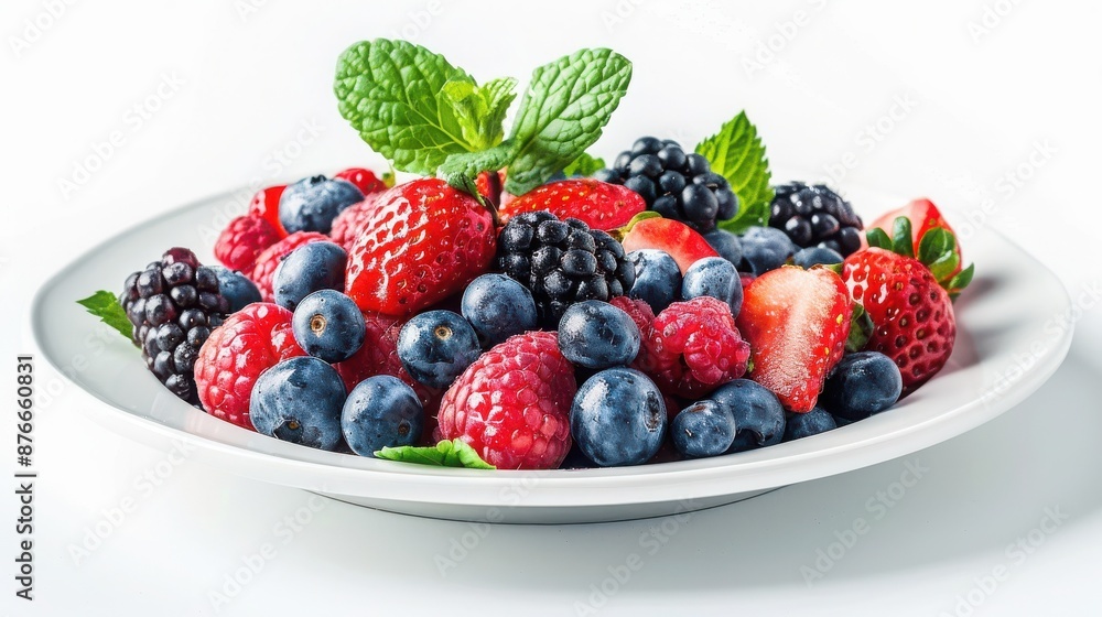 Fresh assorted berries in a white bowl, including strawberries, blueberries, raspberries, and blackberries, garnished with mint leaves. Fresh assorted berries in a white bowl, including strawberries, blueberries, raspberries, and blackberries, garnished with mint leaves.