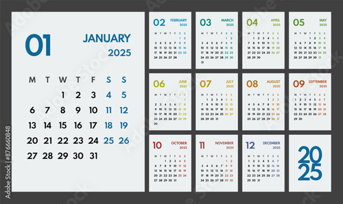2025 year monthly office planner, calendar starts monday, two colorful weekends, white background