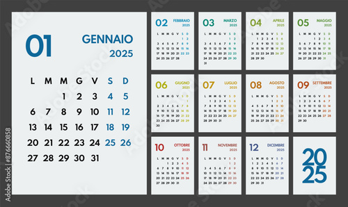 2025 year monthly office planner, calendar starts monday, two colorful weekends, white background, italian months name