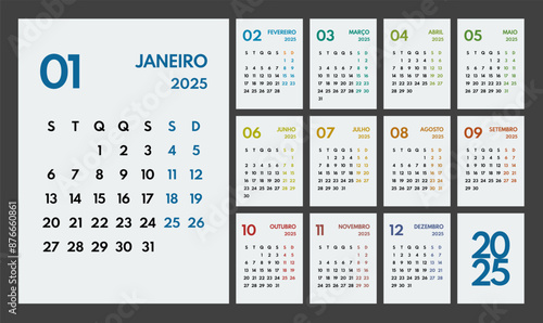 2025 year monthly office planner, calendar starts monday, two colorful weekends, white background, portuguese months name