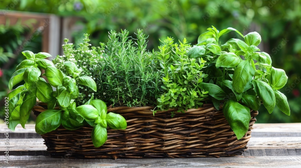 Fresh green herbs in a woven basket on a wooden table, perfect for culinary use or decoration, showcasing nature's bounty. Fresh green herbs in a woven basket on a wooden table, perfect for culinary use or decoration, showcasing nature's bounty.