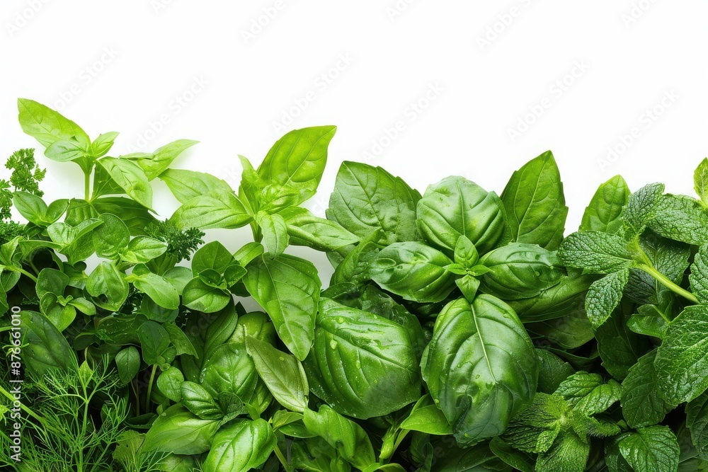 Fresh green herbs including basil, mint, and parsley on a white background, perfect for culinary, health, and aromatic use. Fresh green herbs including basil, mint, and parsley on a white background, perfect for culinary, health, and aromatic use.