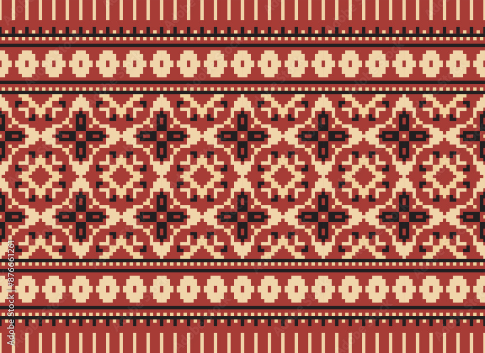 Ethnic Geometric Seamless Fabric Pattern Cross Stitch Embroidery Oriental Pixel Pattern Detailed Vector Illustration for Textile. Ethnic Geometric Seamless Fabric Pattern Cross Stitch Embroidery Oriental Pixel Pattern Detailed Vector Illustration for Textile.
