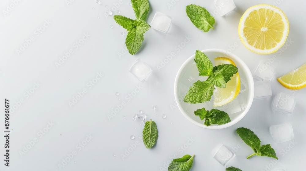 Obraz premium Top view of refreshing summer drink with lemon slices, mint leaves, and ice cubes on a white background.