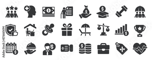 Employee benefits glyph solid icons collection. Containing bonus, incentive, career, reward, promotion. For website marketing design, logo, app, template, ui, etc. Vector illustration.