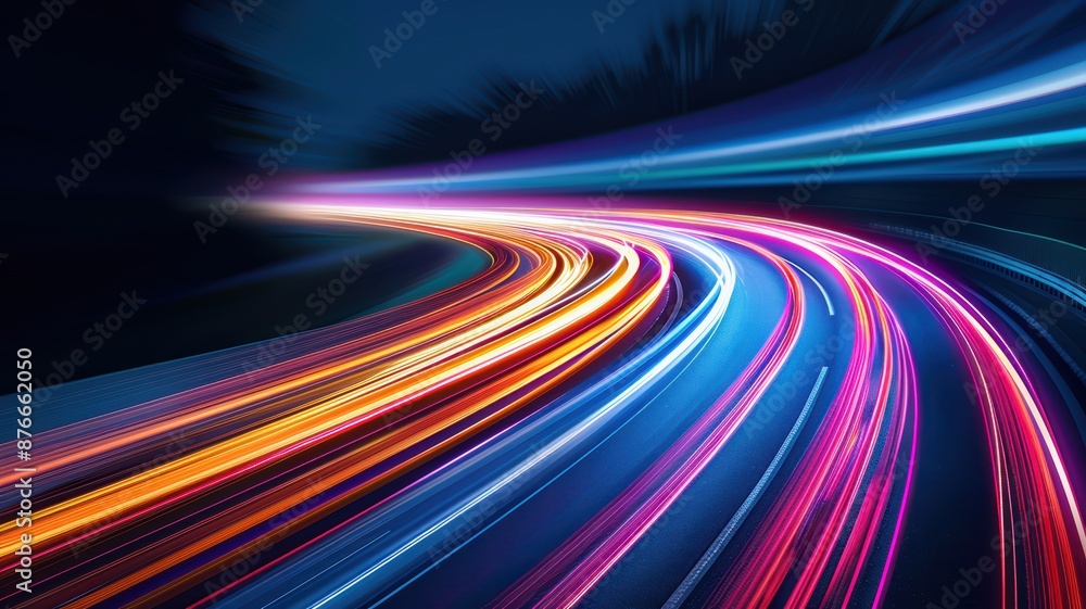 Long Exposure of Colorful Light Trails on a Curved Road at Night Long Exposure of Colorful Light Trails on a Curved Road at Night