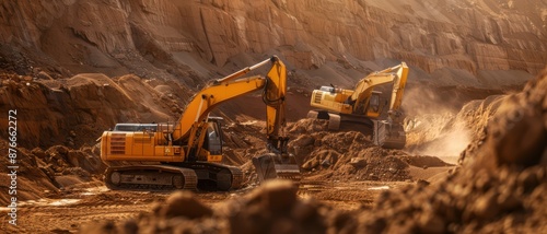 Wallpaper Mural Heavy Machinery Excavators at Work in a Large Open-Pit Mine During Sunset Torontodigital.ca