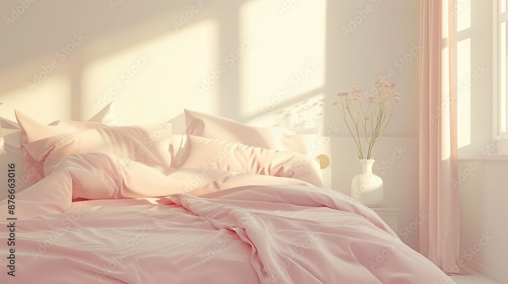 Cozy bedroom soft pink bedding gentle morning sunlight. Tranquil space pillows plant side table. Cozy bedroom soft pink bedding gentle morning sunlight. Tranquil space pillows plant side table.