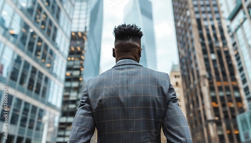 Back view of an African-American businessman in a formal suit against the backdrop of skyscrapers in the business district of the city. Success and prosperity. Hard work in finance.