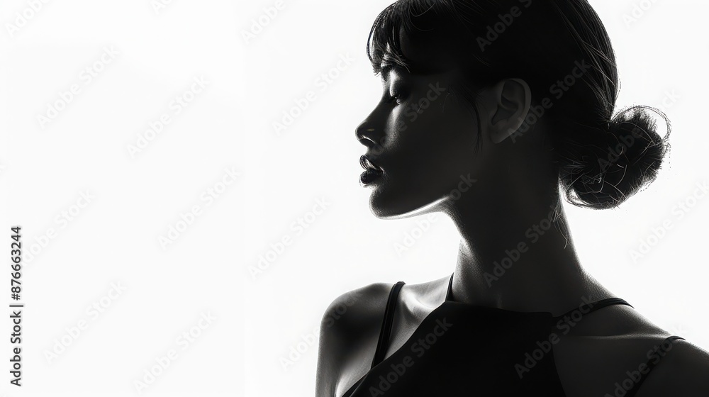 Elegant silhouette of a woman in profile, highlighting feminine features in a high contrast black and white composition. Elegant silhouette of a woman in profile, highlighting feminine features in a high contrast black and white composition.
