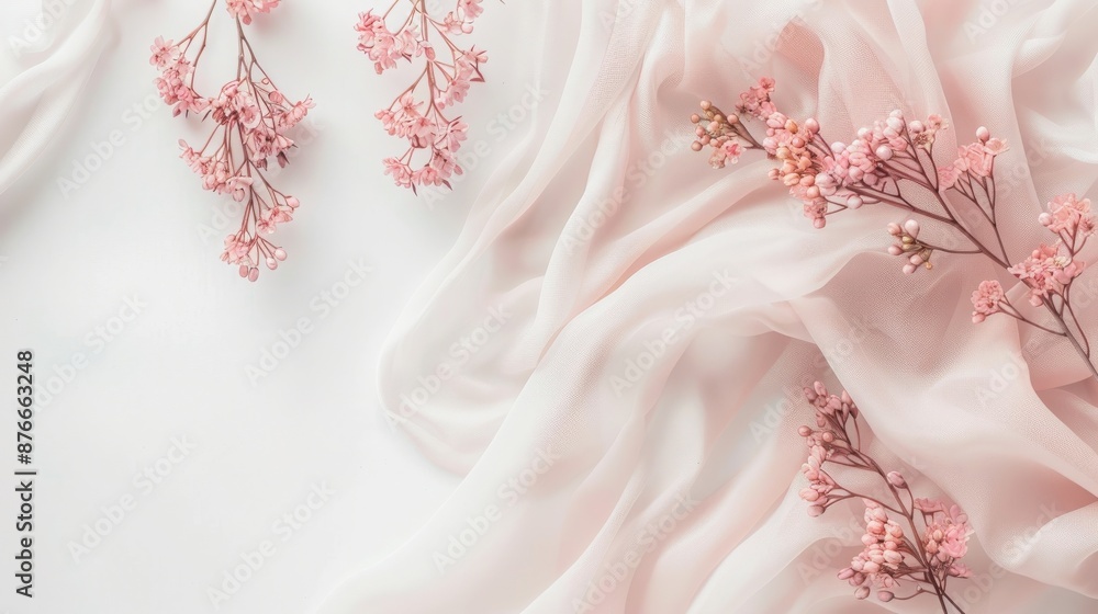 Elegant pink flowers and soft, airy fabric create a serene and delicate composition perfect for romantic or feminine themes. Elegant pink flowers and soft, airy fabric create a serene and delicate composition perfect for romantic or feminine themes.