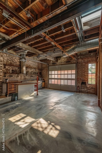 An industrial-style garage with exposed brick walls and concrete floors, Generative AI 