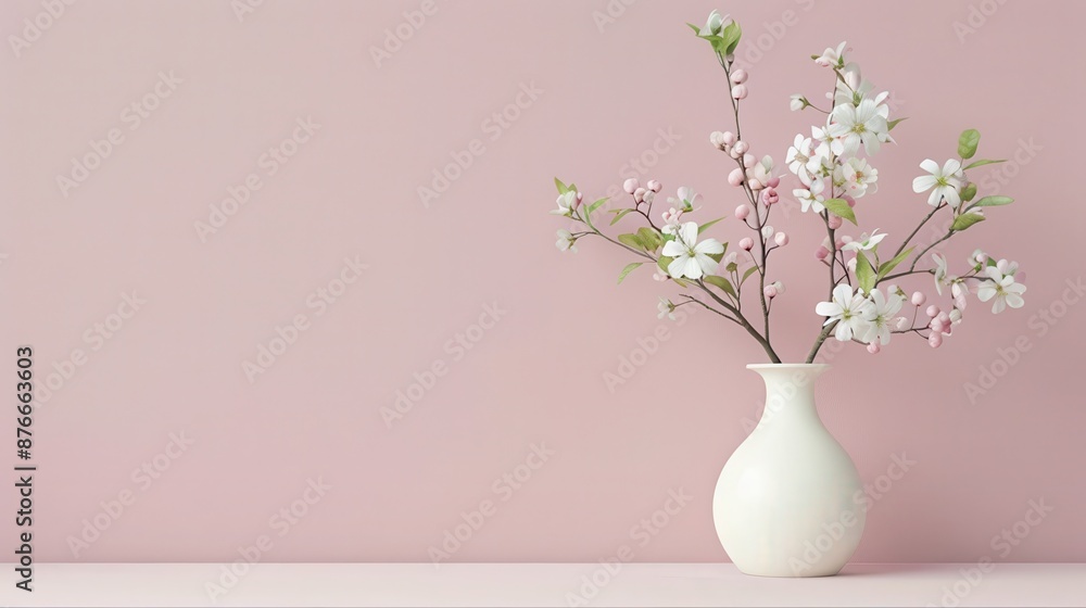 Minimalist white vase with delicate pink flowers against a soft pink background, creating a serene and elegant scene. Minimalist white vase with delicate pink flowers against a soft pink background, creating a serene and elegant scene.