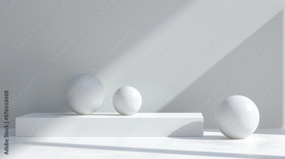 Minimalist white geometric spheres arranged on a platform with soft light and shadows, creating a serene and modern abstract composition. Minimalist white geometric spheres arranged on a platform with soft light and shadows, creating a serene and modern abstract composition.