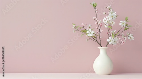 Wallpaper Mural Minimalist white vase with delicate pink flowers against a soft pink background, creating a serene and elegant scene. Torontodigital.ca