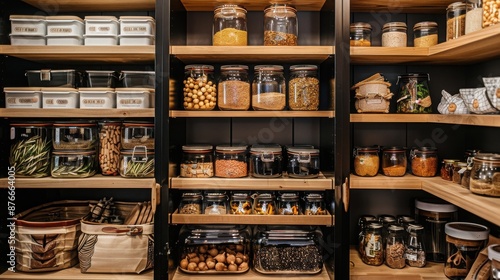 Organized pantry with various food items stored in jars and baskets on wooden shelves, showcasing neat and efficient kitchen storage solutions.